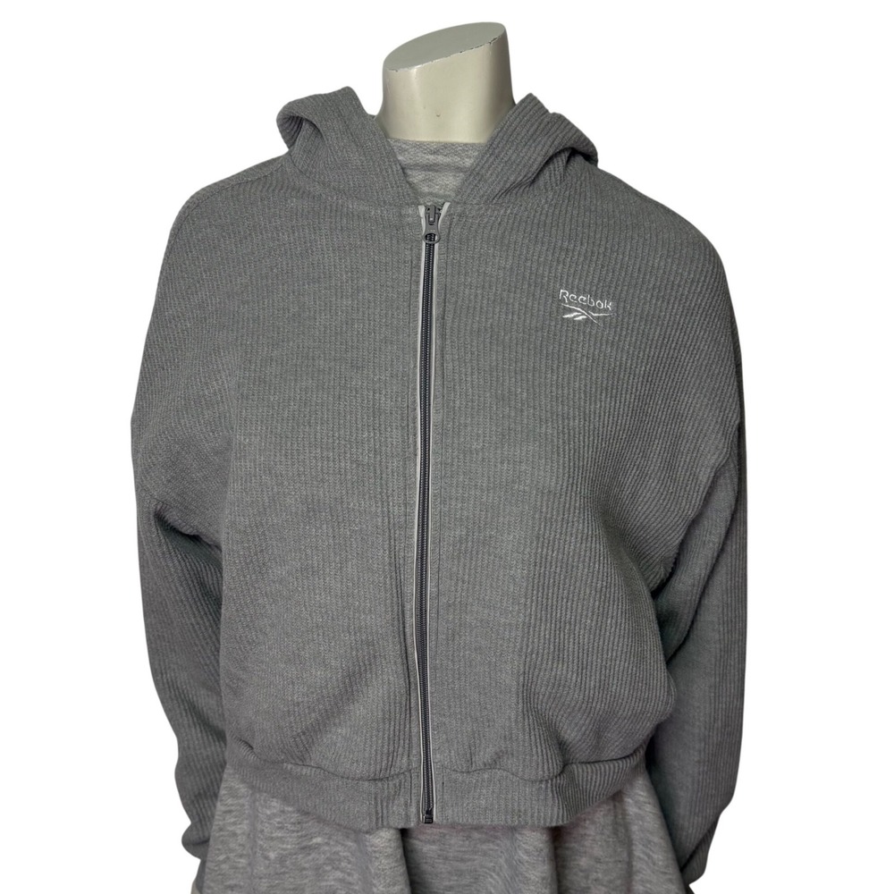 Reebok Waffle Knit Cropped Hoodie Gray Zip Up Sweatshirt Athleisure Womens L